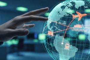 Global logistics concept, hand rotating virtual earth with plane and ship icons, representing freight forwarding, international transport, and trade routes.