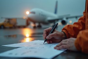 Airport worker checks cargo paperwork before plane loading. Person signs delivery documents near aircraft and truck at dusk. Logistics and transport, process overview.