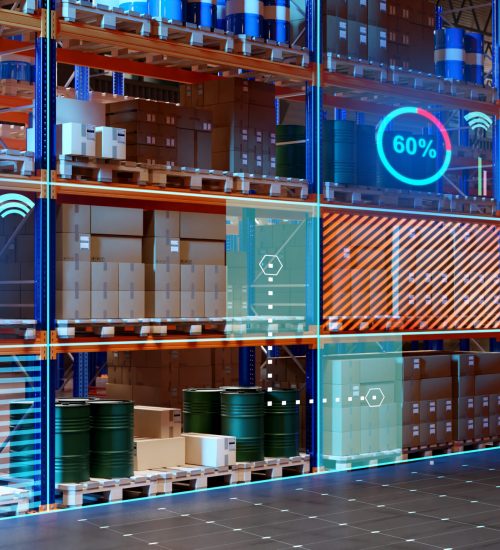 High-tech warehouse. Fullfilment innovations. Virtual screens near warehouse shelves. Rack with pallets inside hangar. High-tech distribution center. Warehouse accounting technologies. 3d image