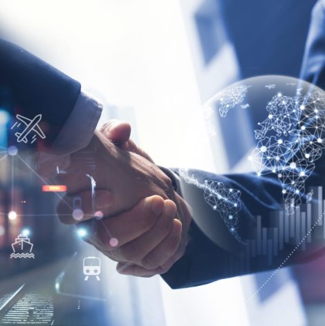 Smart logistics, Global business concept. Businessman making handshake for successful business, investment deal teamwork and partnership business partners on logistic global network distribution and supply chain